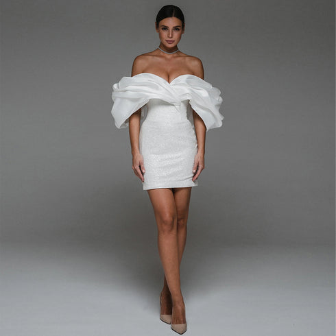 Short Wedding Dress for Bride Off the Shoulder Mini Gown Sheath Backless Glitter Bridal Dress